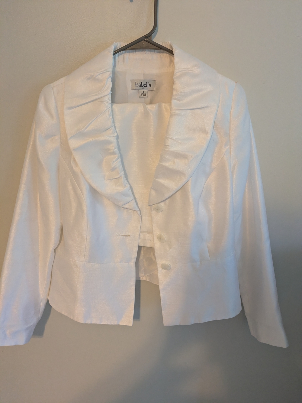 Isabella White Skirt Suit With Ruffle Collar Size 8 Silk Look And Feel